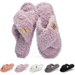 ⚡Women’s Purple Faux Fur Cozy Fuzzy Cross Band Slippers Indoor House Shoes